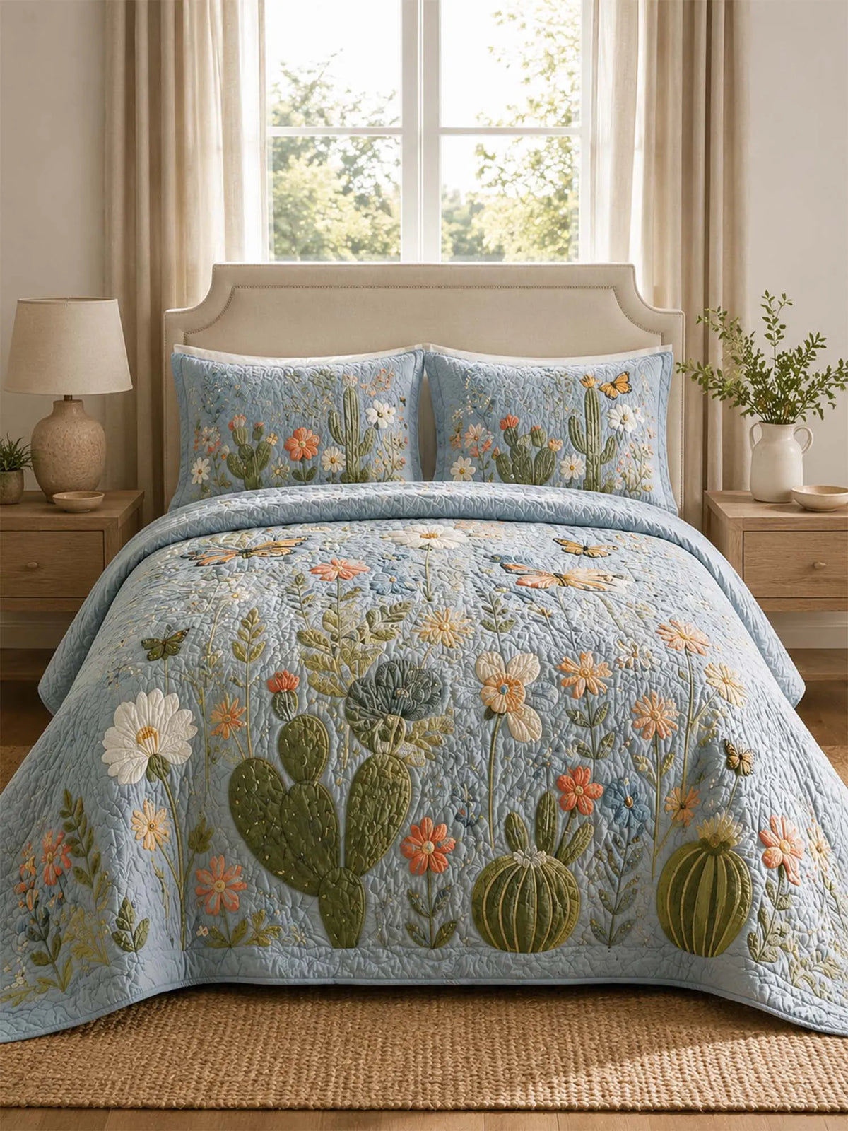 Southwestern Cactus Landscape Quilted 3-Piece Bedding Set – Rustic Western Quilted Bedding with Matching Pillow Shams