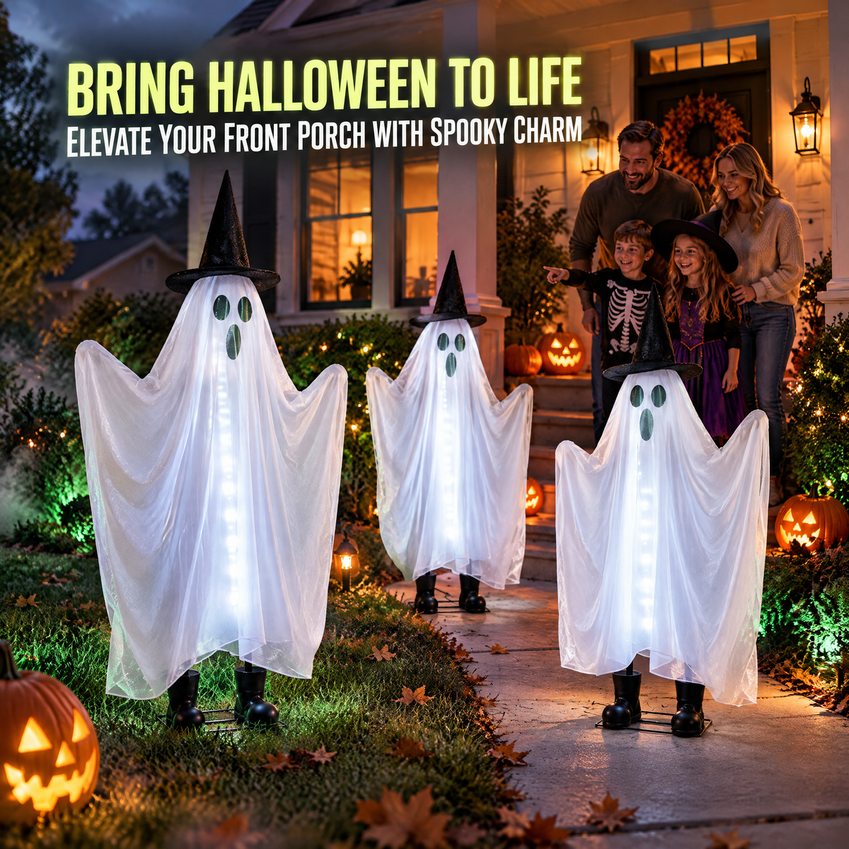 Family viewing three illuminated ghost decorations on a Halloween porch
