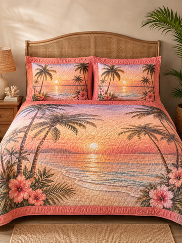 Tropical Sunset Palm Tree 3-Piece  Quilted Bedding Set