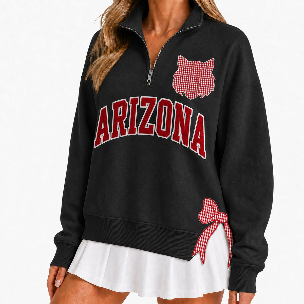 Custom College Game Day Quarter Zip Pullover – Plush Text, Mascot Logo & Butterfly Side Detail Spirit Sweatshirt
