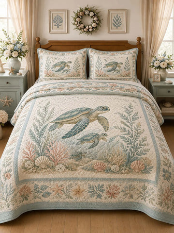 Vintage Nautical Ocean Turtle Seagrass Floral 3‐Piece Quilted Bedding Set