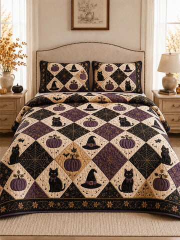 Halloween Cat Pumpkin Quilted 3-Piece Bedding Set