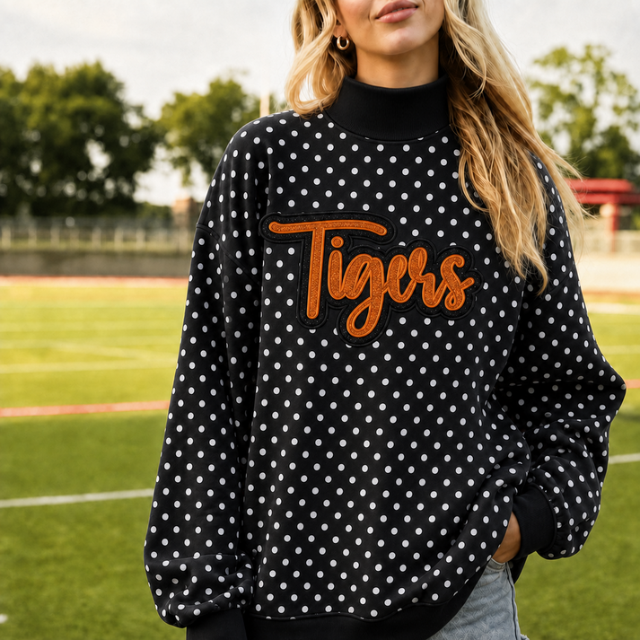 Custom Glitter Team Name Polka Dot Mockneck Sweatshirt – Personalized Game Day Spirit Pullover