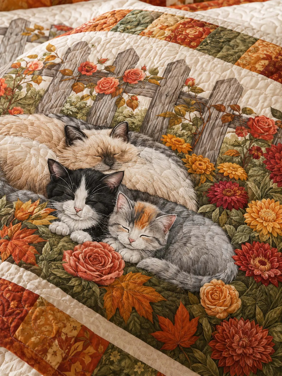 Autumn Garden Cat Quilted 3-Piece Bedding Set