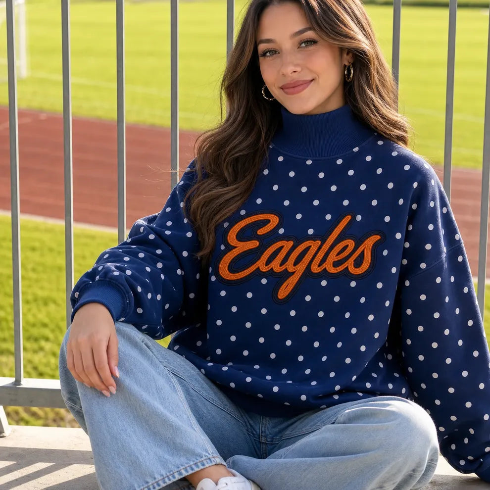 Custom Glitter Team Name Polka Dot Mockneck Sweatshirt – Personalized Game Day Spirit Pullover
