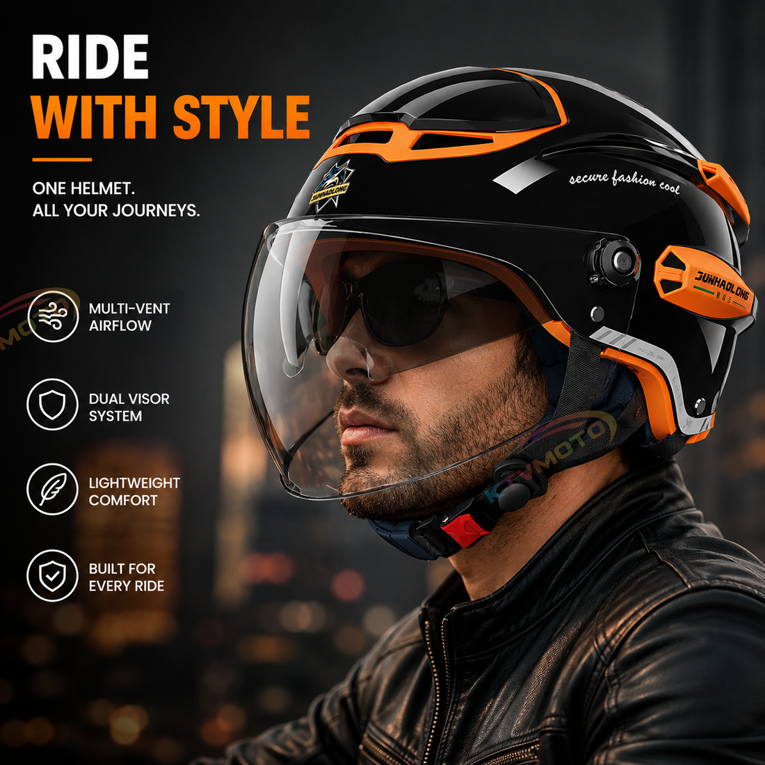 KTVMOTO Open Face Motorcycle Helmet with Dual Visor for Adults-I263