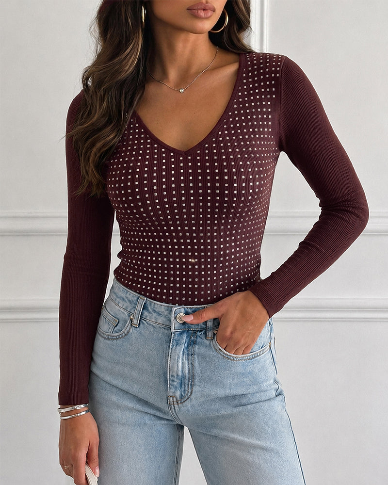 Women's V Neck Rhinestone Top Long Sleeve Ribbed Knit Tee Slim Fit Pullover Casual Base Layering Top