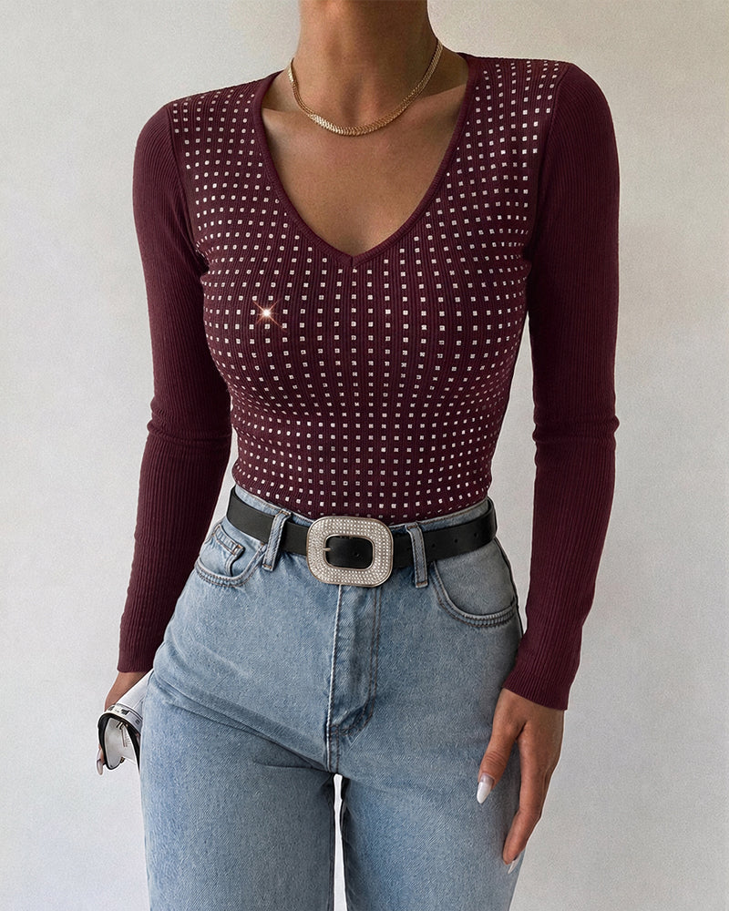 Women's V Neck Rhinestone Top Long Sleeve Ribbed Knit Tee Slim Fit Pullover Casual Base Layering Top