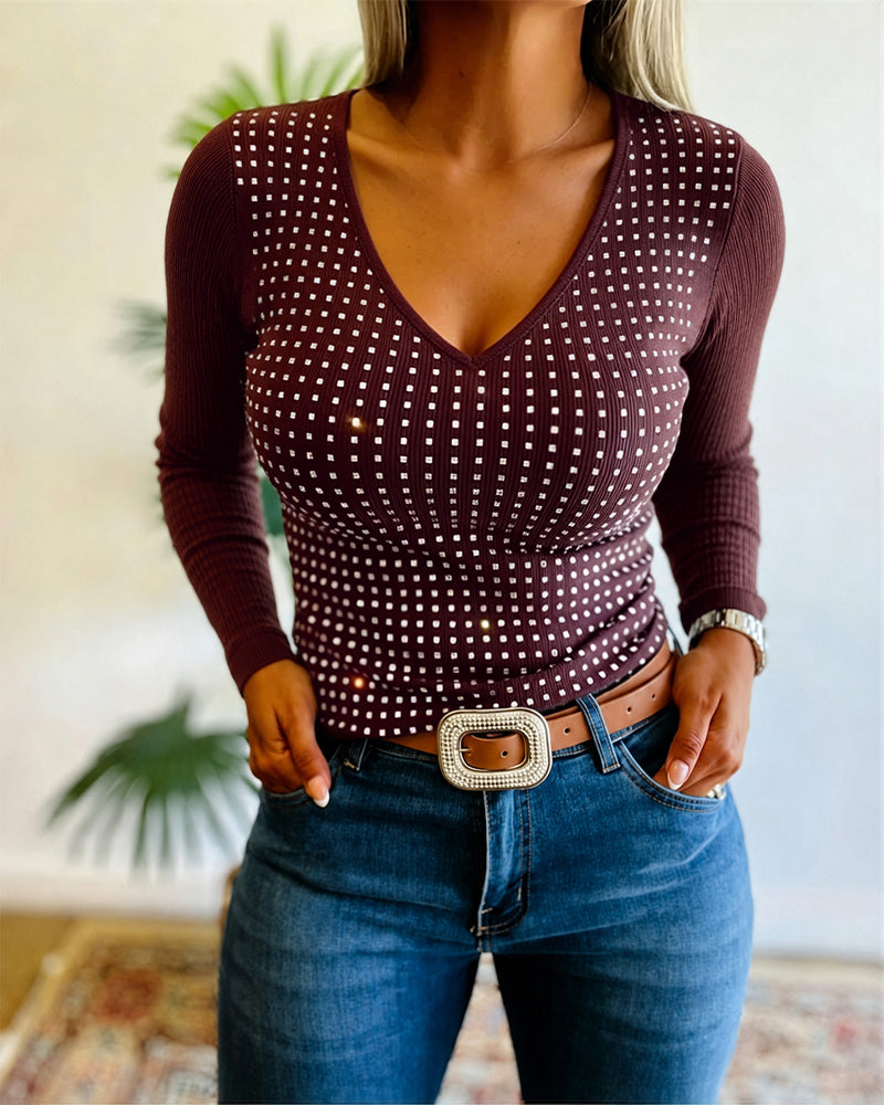 Women's V Neck Rhinestone Top Long Sleeve Ribbed Knit Tee Slim Fit Pullover Casual Base Layering Top