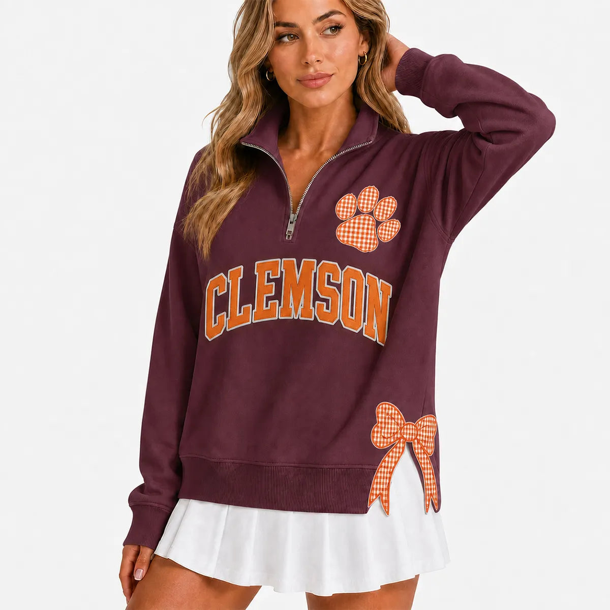 Custom College Game Day Quarter Zip Pullover – Plush Text, Mascot Logo & Butterfly Side Detail Spirit Sweatshirt