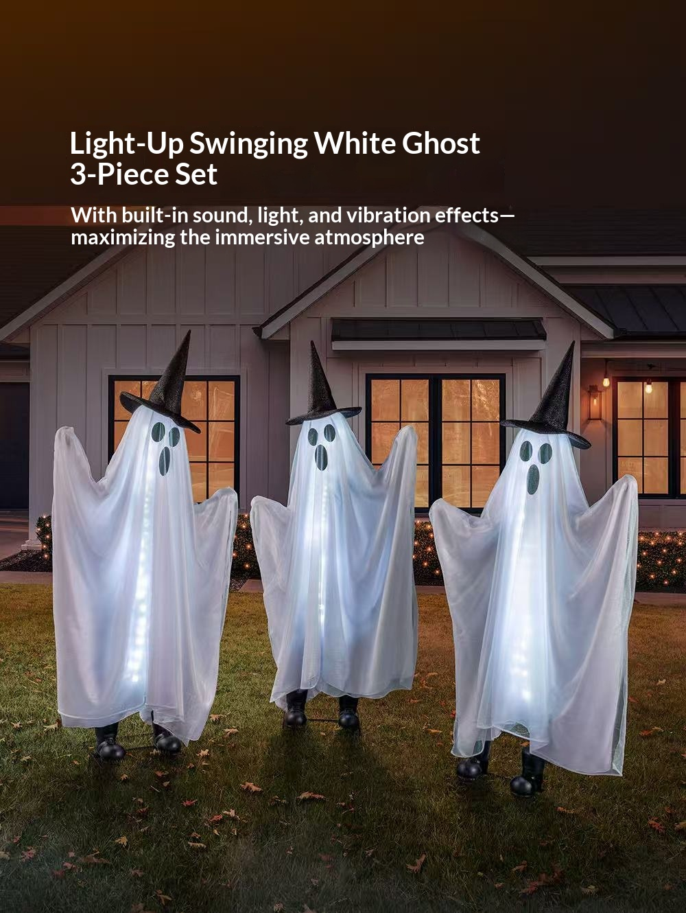 Light-Up Swinging White Ghost 3-Piece Halloween Yard Decor Set