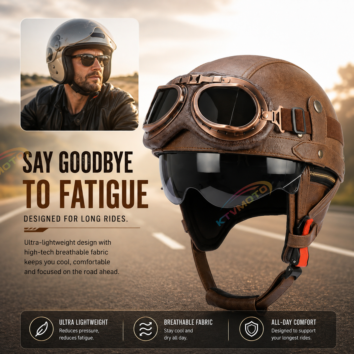 KTVMOTO Vintage Leather Motorcycle Helmet with- I06