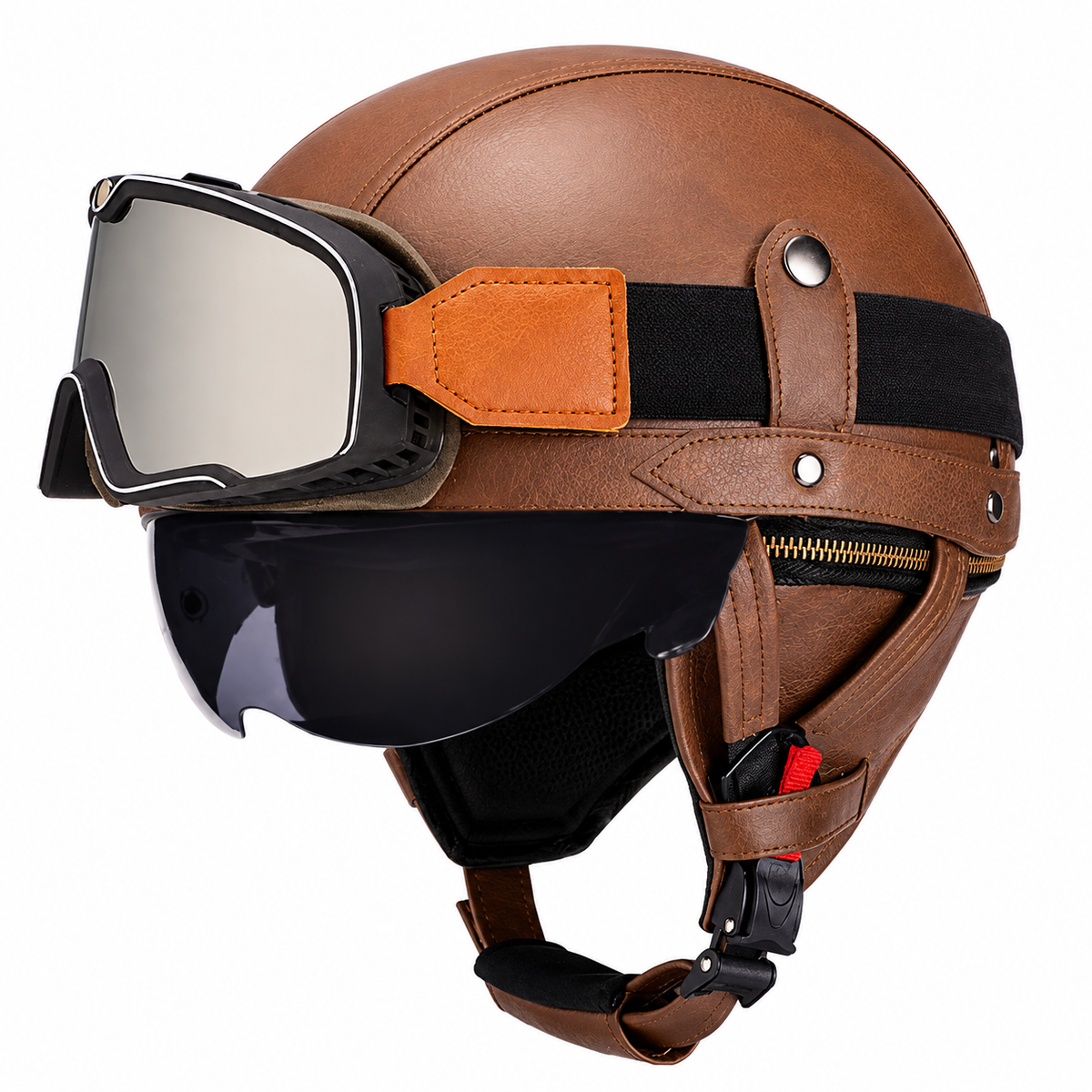 KTVMOTO Vintage Leather Motorcycle Helmet with- I06