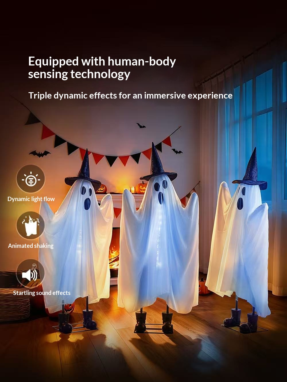 Light-Up Swinging White Ghost 3-Piece Halloween Yard Decor Set