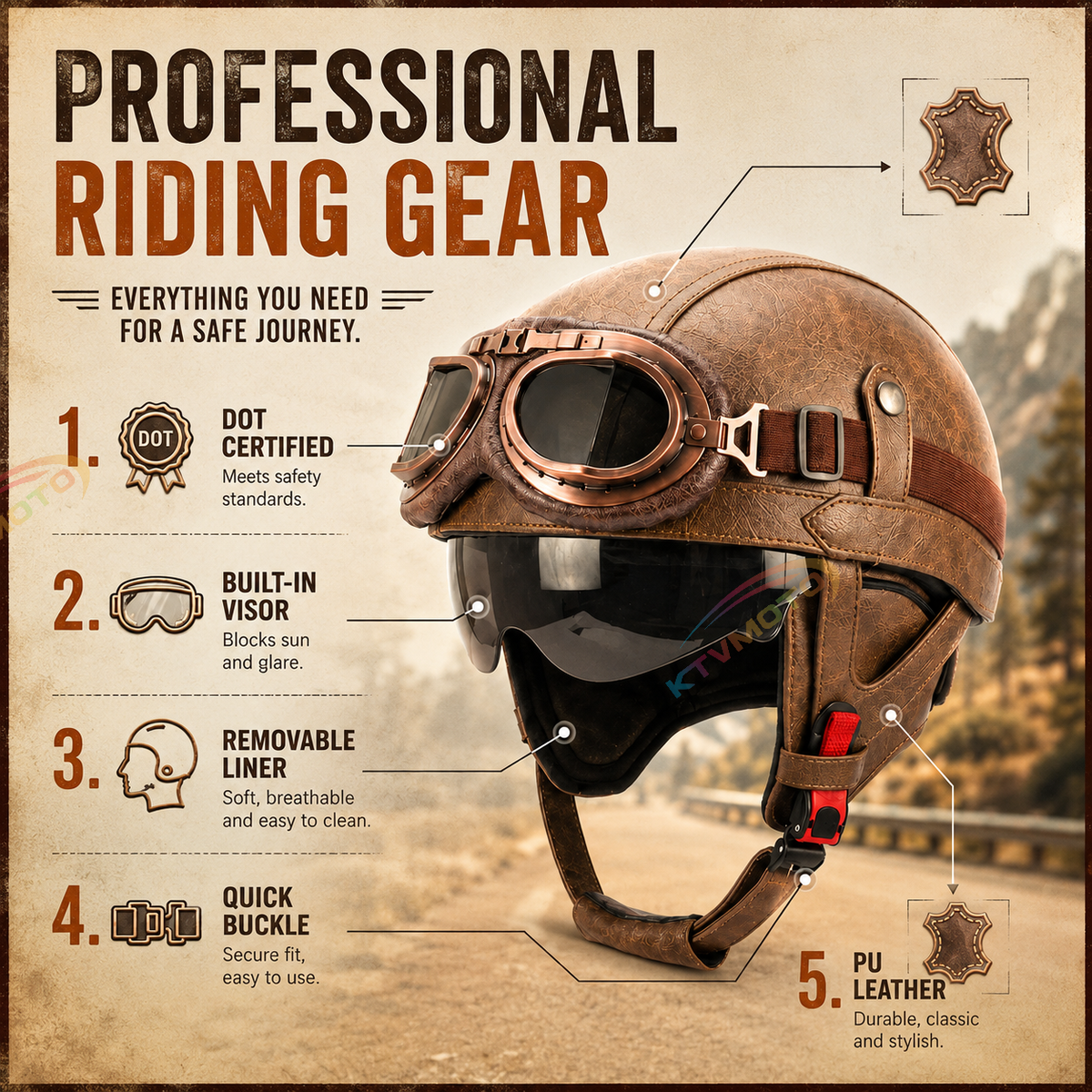 KTVMOTO Vintage Leather Motorcycle Helmet with- I06