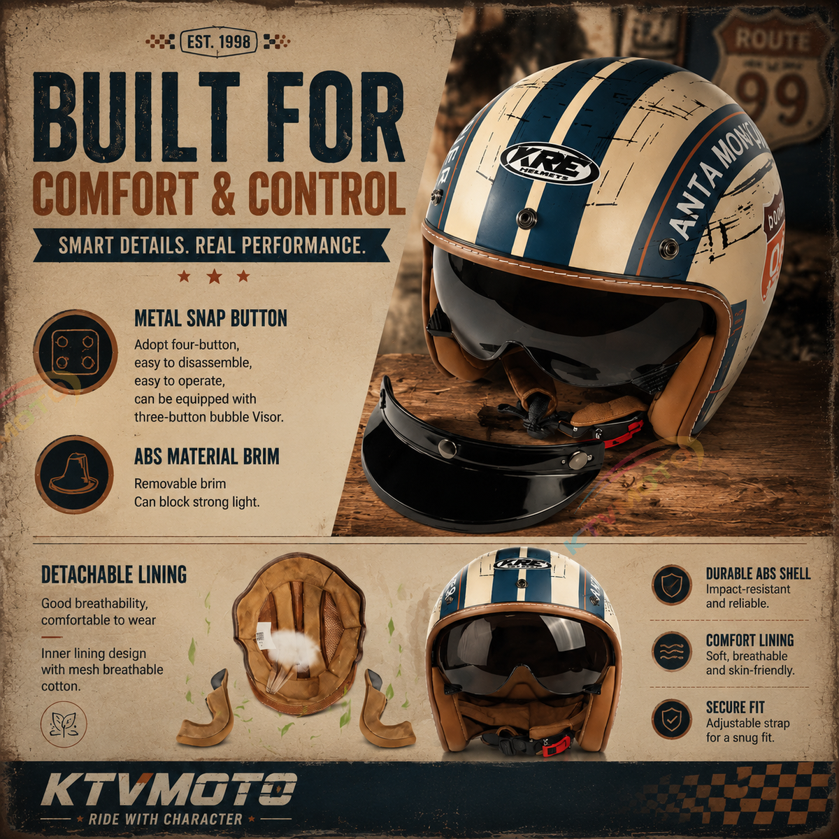 Retro Route 99 Open Face Motorcycle Helmet DOT Approved-I09