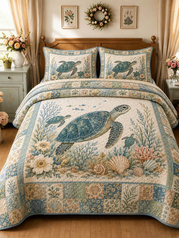 Vintage Ocean Turtle Beach Floral Patchwork 3‐Piece Quilted Bedding Set