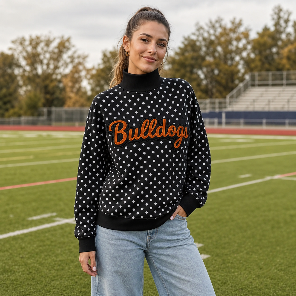 Custom Glitter Team Name Polka Dot Mockneck Sweatshirt – Personalized Game Day Spirit Pullover