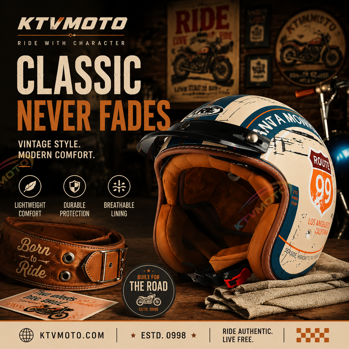 Retro Route 99 Open Face Motorcycle Helmet DOT Approved-I09