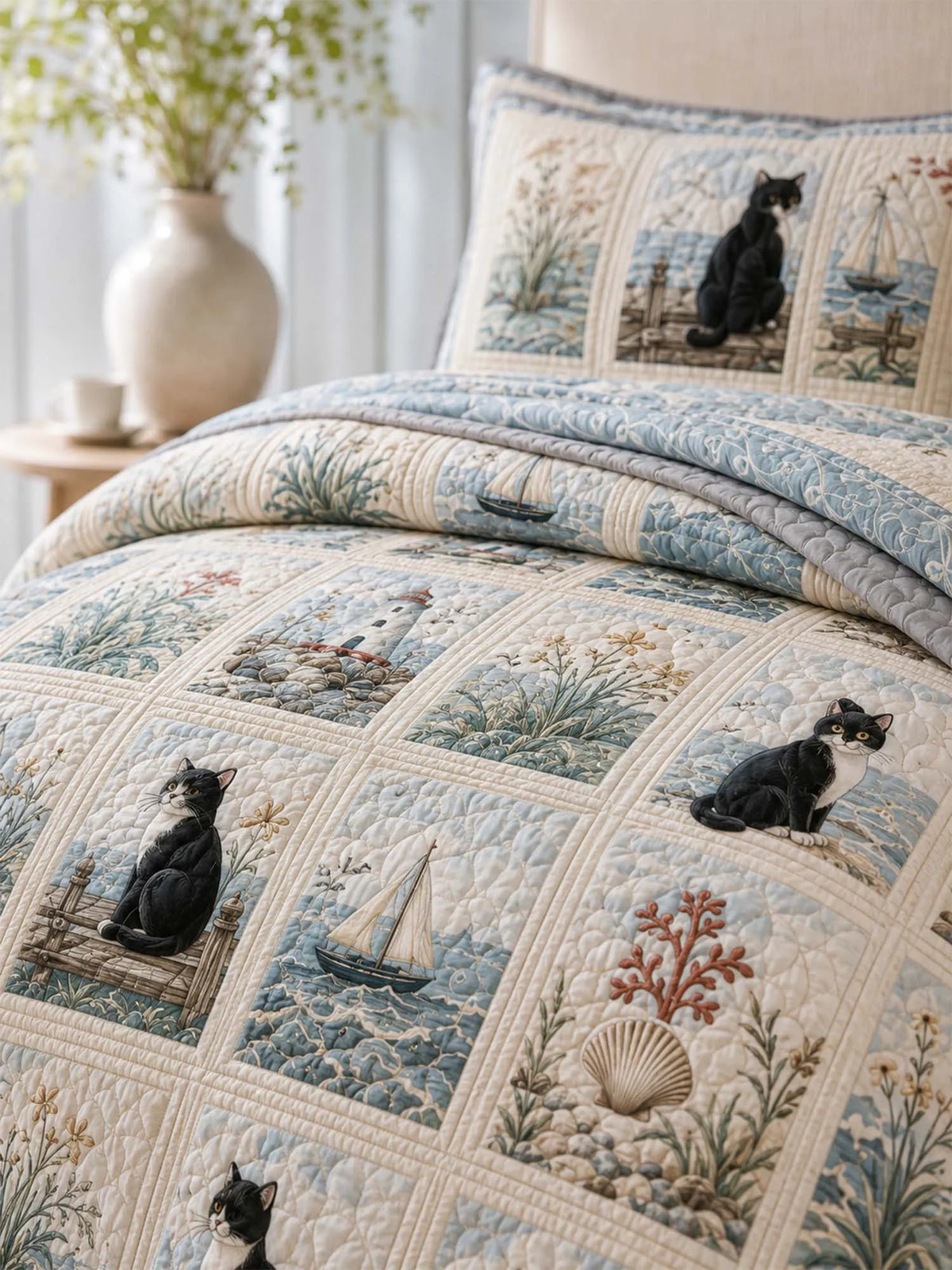 Coastal Lighthouse Cat Quilted 3-Piece Bedding Set