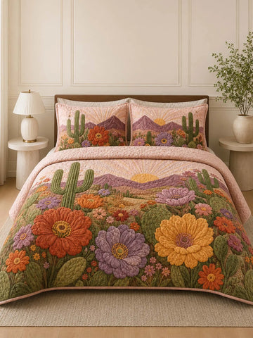 Desert Cactus Floral Quilted 3-Piece Bedding Set – Rustic Southwestern Quilted Bedding with Matching Pillow Shams