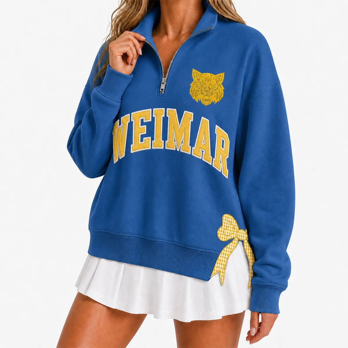 Custom College Game Day Quarter Zip Pullover – Plush Text, Mascot Logo & Butterfly Side Detail Spirit Sweatshirt