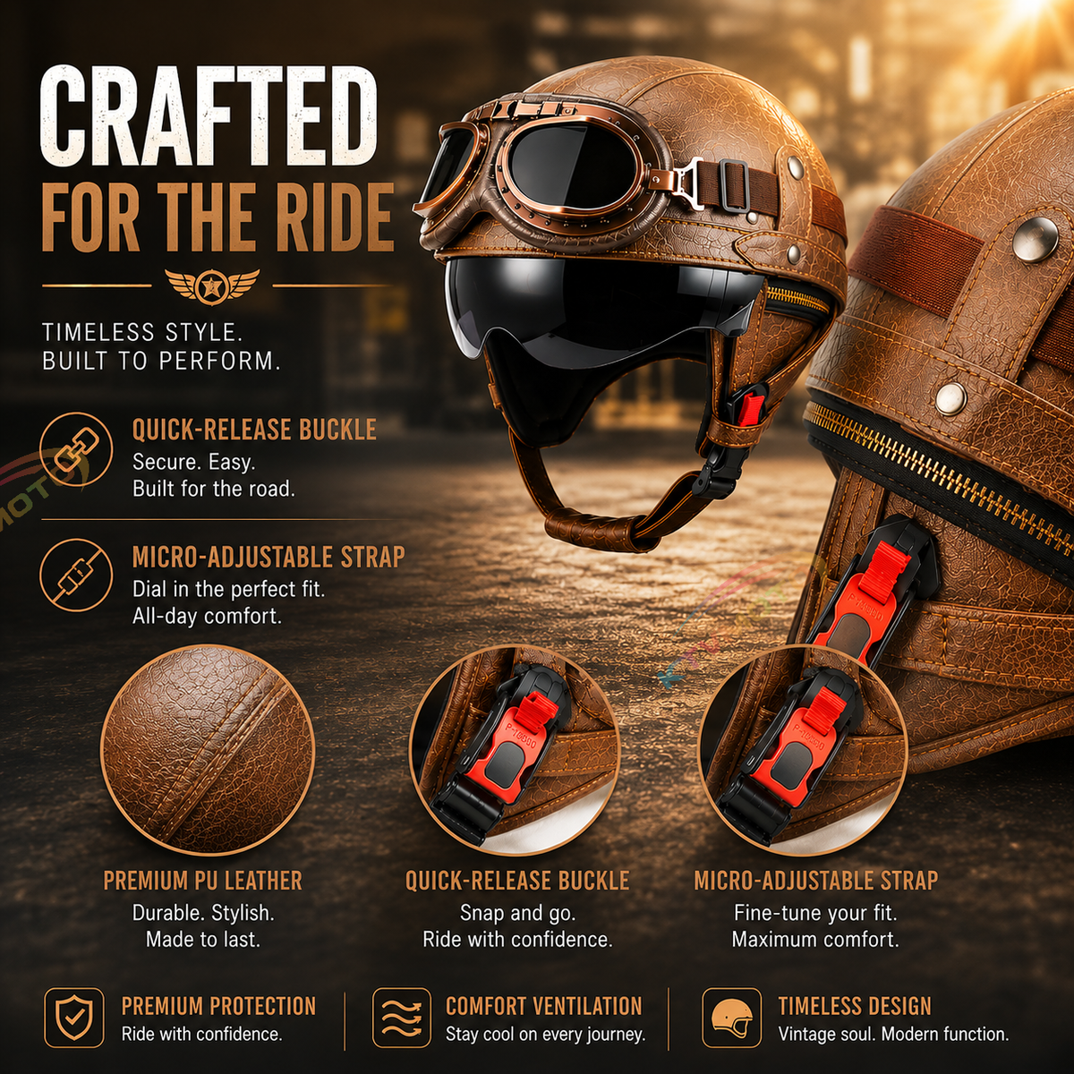 KTVMOTO Vintage Leather Motorcycle Helmet with- I06