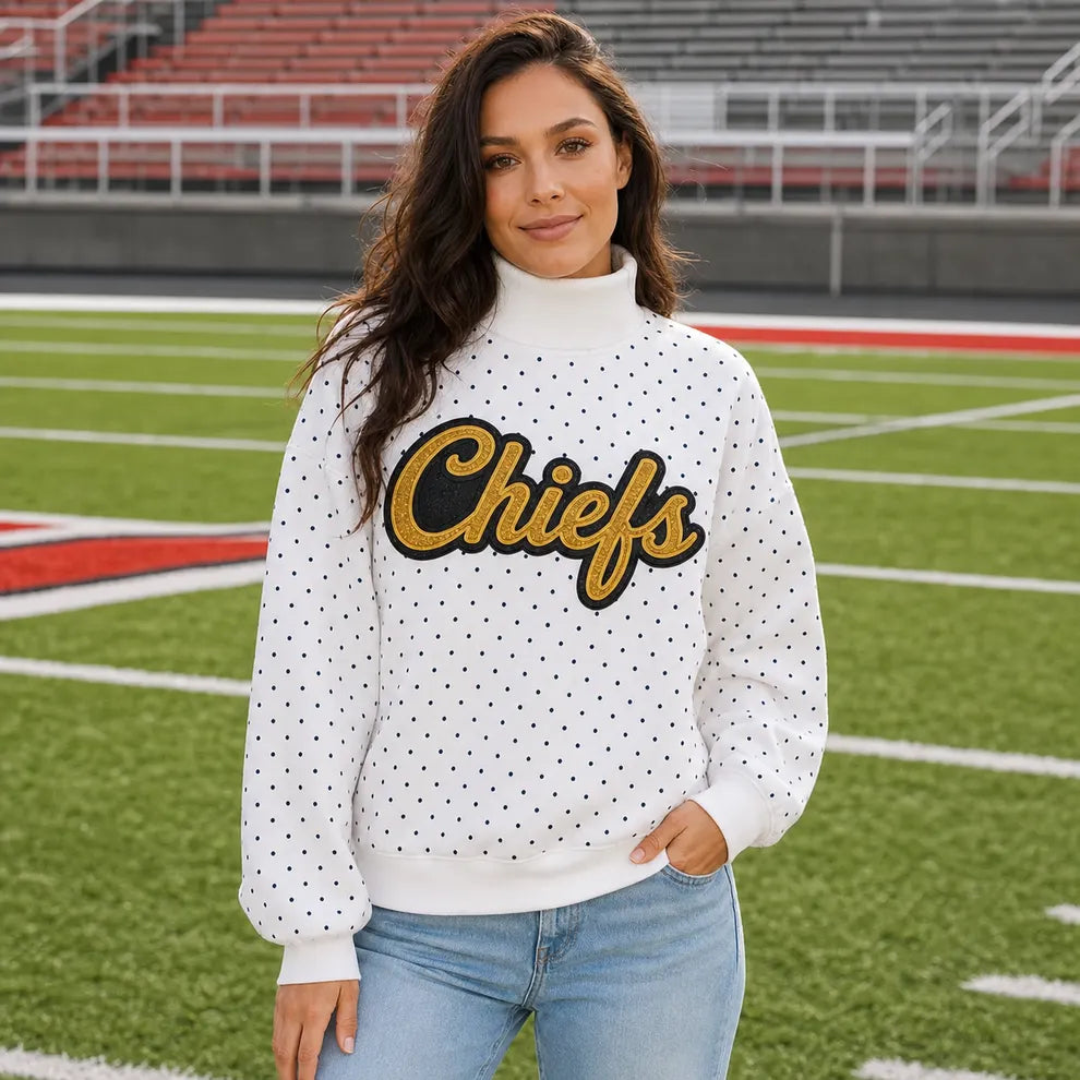 Custom Glitter Team Name Polka Dot Mockneck Sweatshirt – Personalized Game Day Spirit Pullover