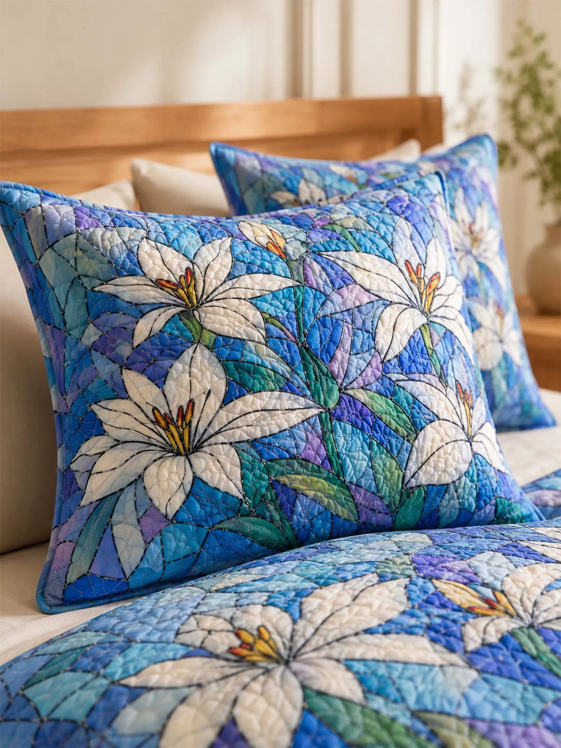 White Lily Quilted 3-Piece Bedding Set – Stained Glass Botanical Quilted Bedding With Matching Pillow Shams