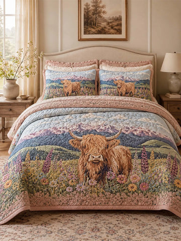Highland Cow Wildflower Meadow Quilted 3-Piece Bedding Set