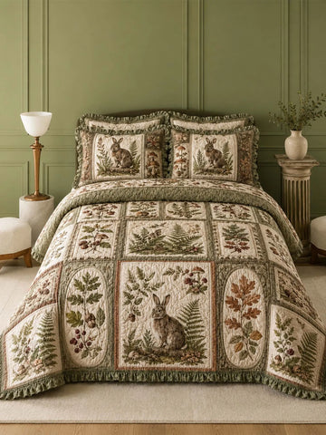 Woodland Rabbit Quilted 3-Piece Bedding Set – Classic Americana Quilted Bedding With Matching Pillow Shams