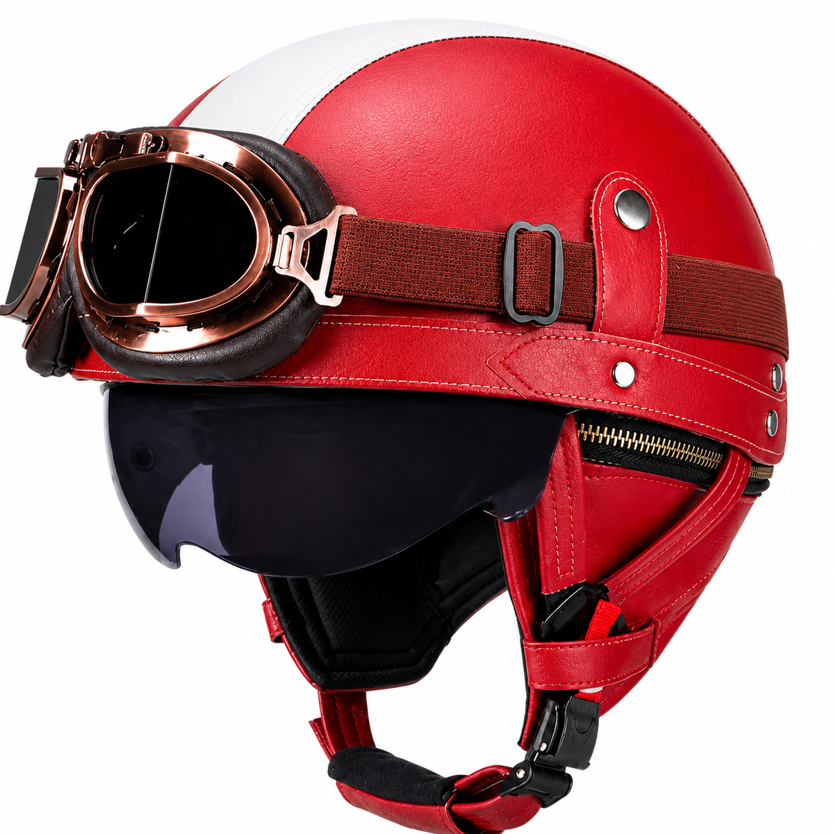 KTVMOTO Vintage Leather Motorcycle Helmet with- I06