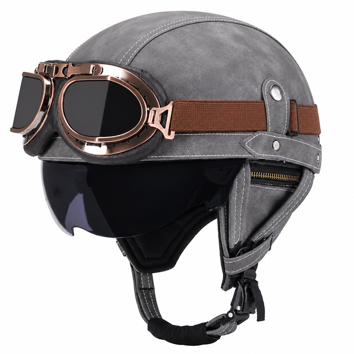 KTVMOTO Vintage Leather Motorcycle Helmet with- I06