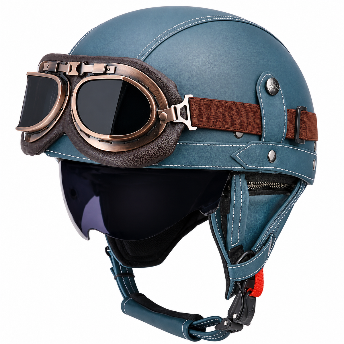 KTVMOTO Vintage Leather Motorcycle Helmet with- I06