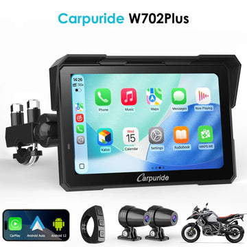 Carpuride W702 Plus Wireless Portable Motorcycle Stereo - Install Apps, Built-in GPS & Dual Cameras