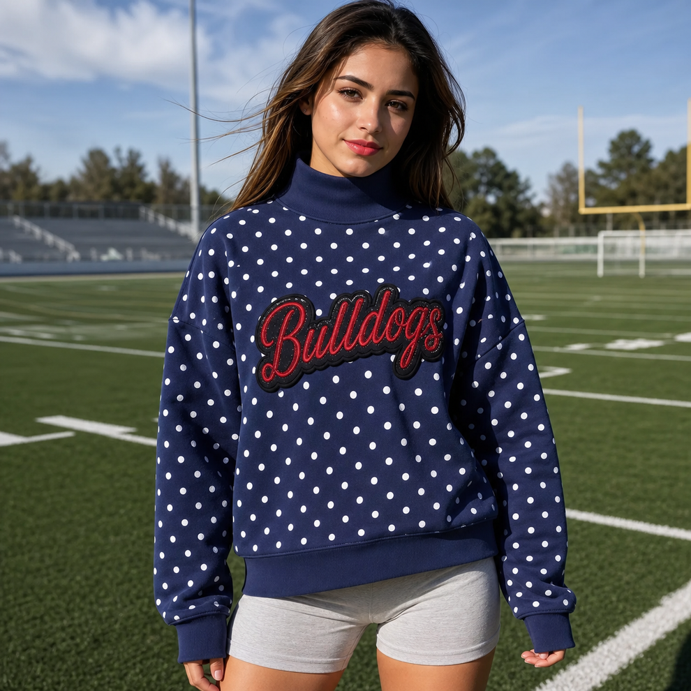 Custom Glitter Team Name Polka Dot Mockneck Sweatshirt – Personalized Game Day Spirit Pullover