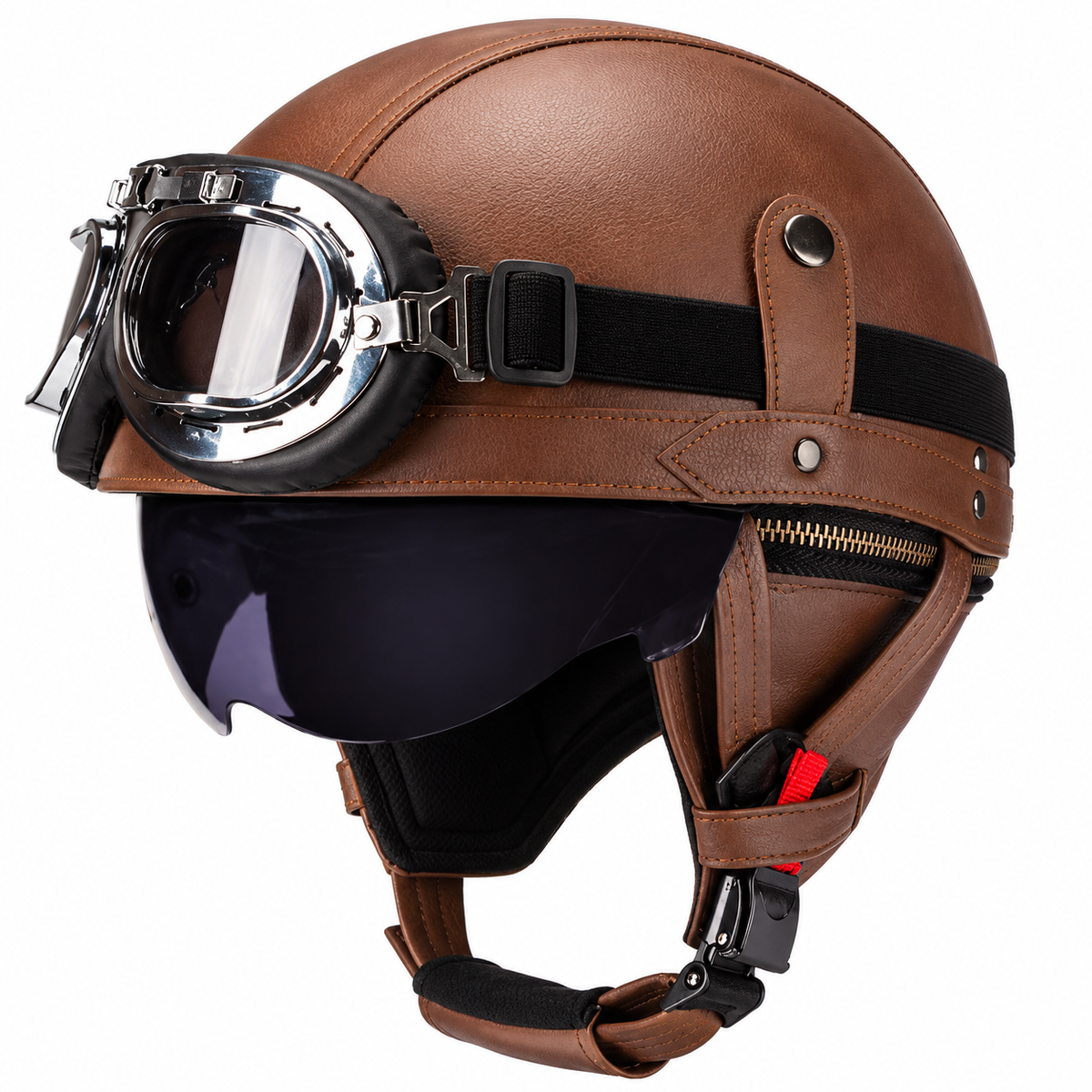 KTVMOTO Vintage Leather Motorcycle Helmet with- I06
