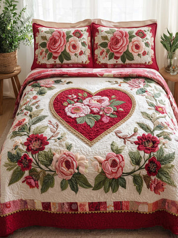 Rose And Heart Valentine's Day 3- Piece Quilted Bedding Set
