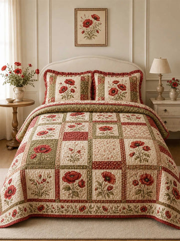 Vintage Poppy Medley 3-Piece Quilted Bedding Set