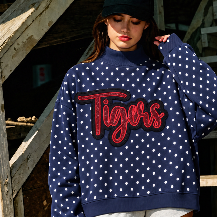 Custom Glitter Team Name Polka Dot Mockneck Sweatshirt – Personalized Game Day Spirit Pullover