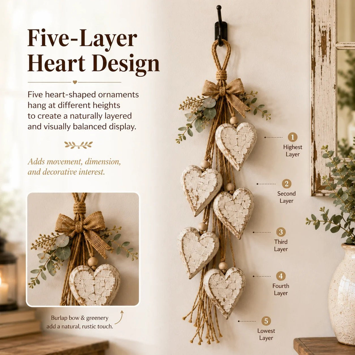 🩵 3D Solid Wood Lighted Hanging Heart Wall Decor – Remote-Controlled Rustic Farmhouse Decoration 🌊🎁BUY 2 FREE SHIPPING