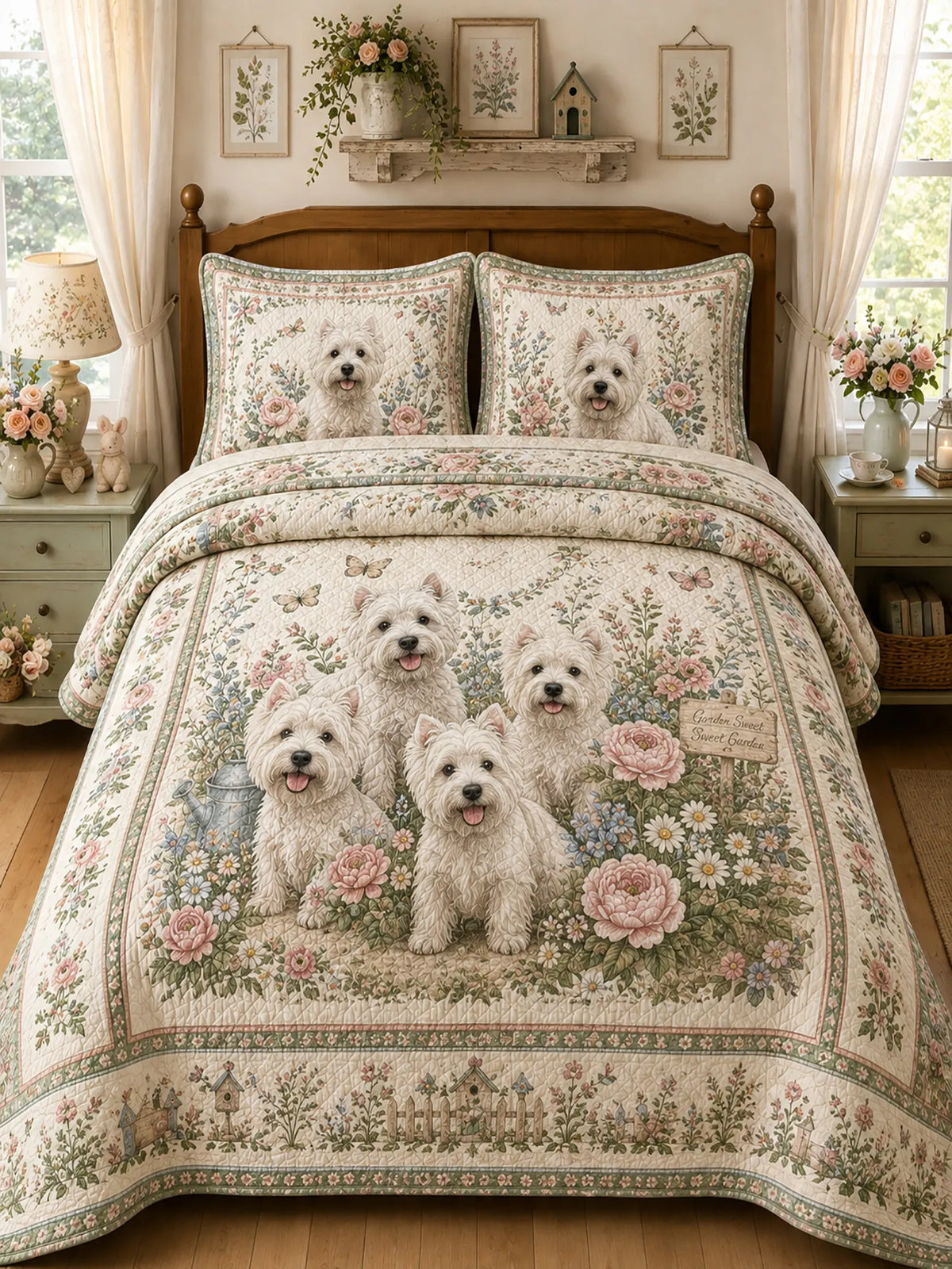 Westie Puppy Floral Gathering 3‐Piece Quilted Bedding Set