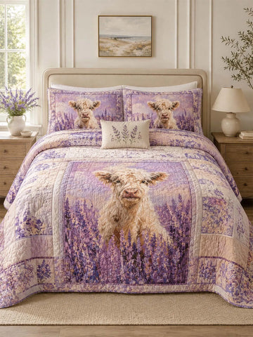 Highland Cow Lavender Field Quilted 3-Piece Bedding Set