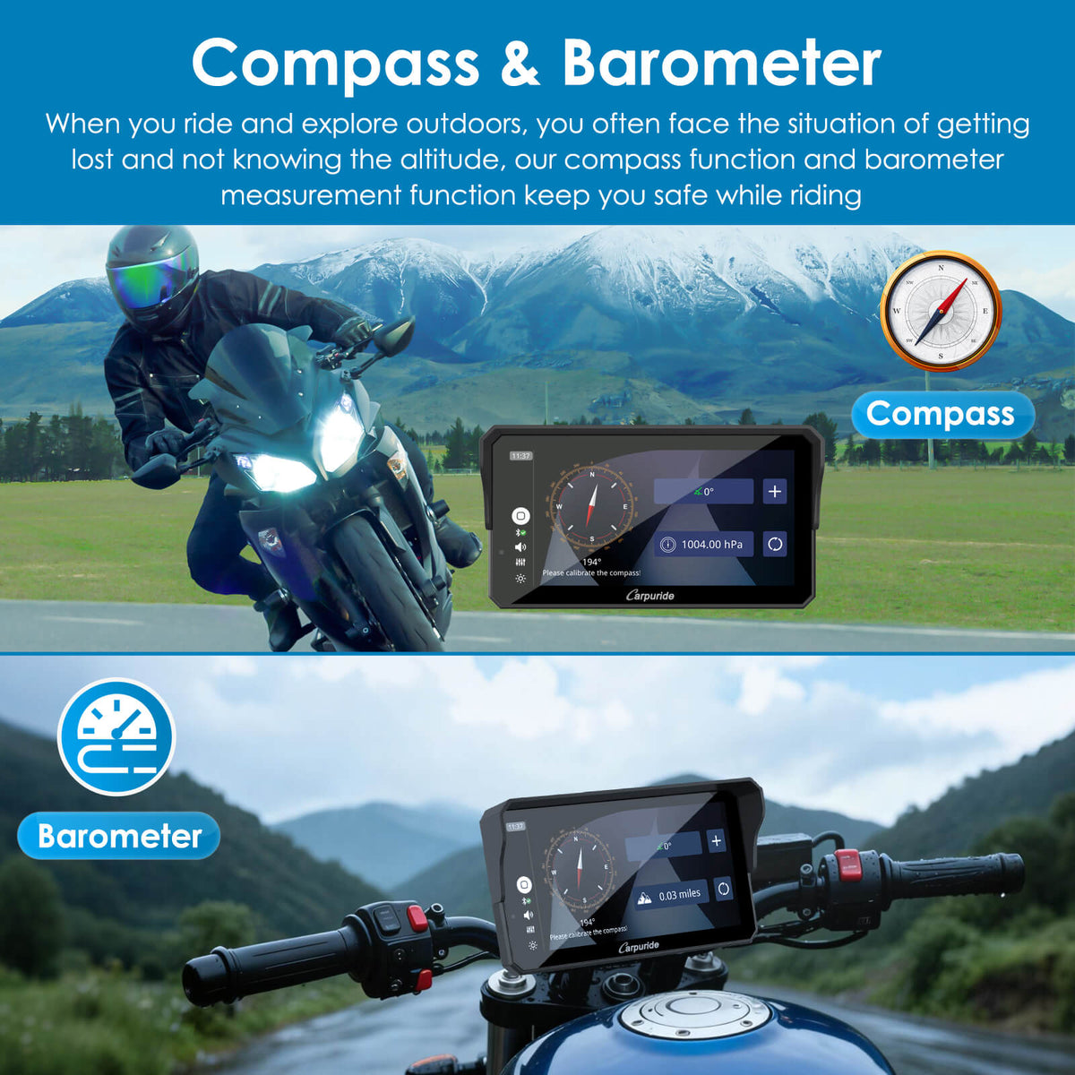 Carpuride W602S Pro with Optional TPMS | 6-Inch Motorcycle CarPlay  | Plug-and-Play BM05 Bracket with Type-C Port