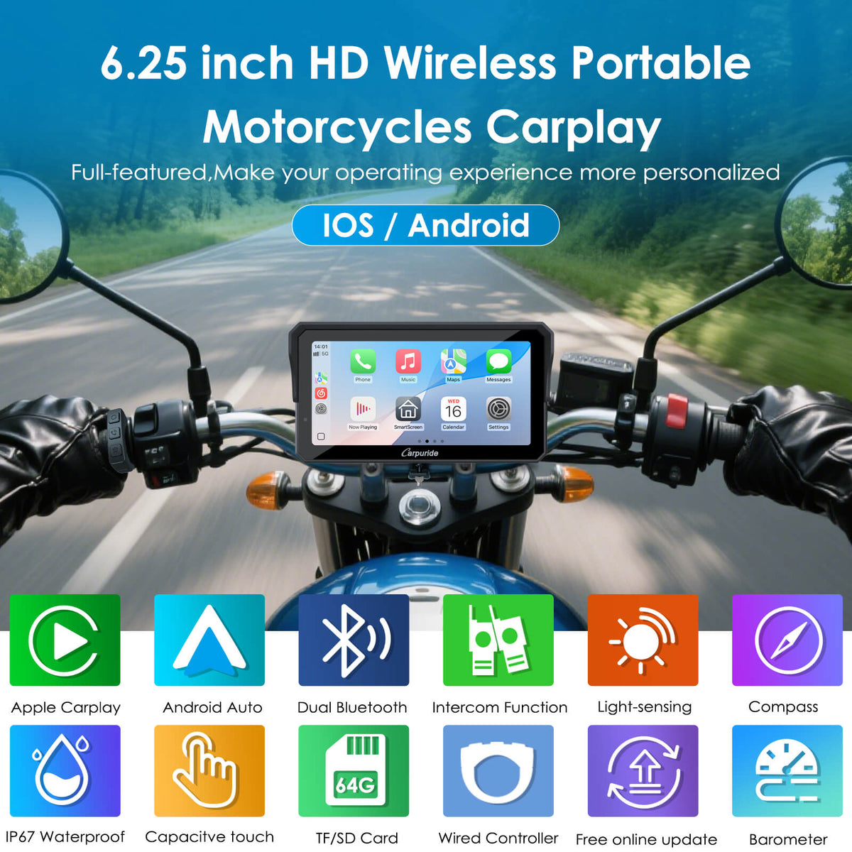 Carpuride W602S Pro with Optional TPMS | 6-Inch Motorcycle CarPlay  | Plug-and-Play BM05 Bracket with Type-C Port