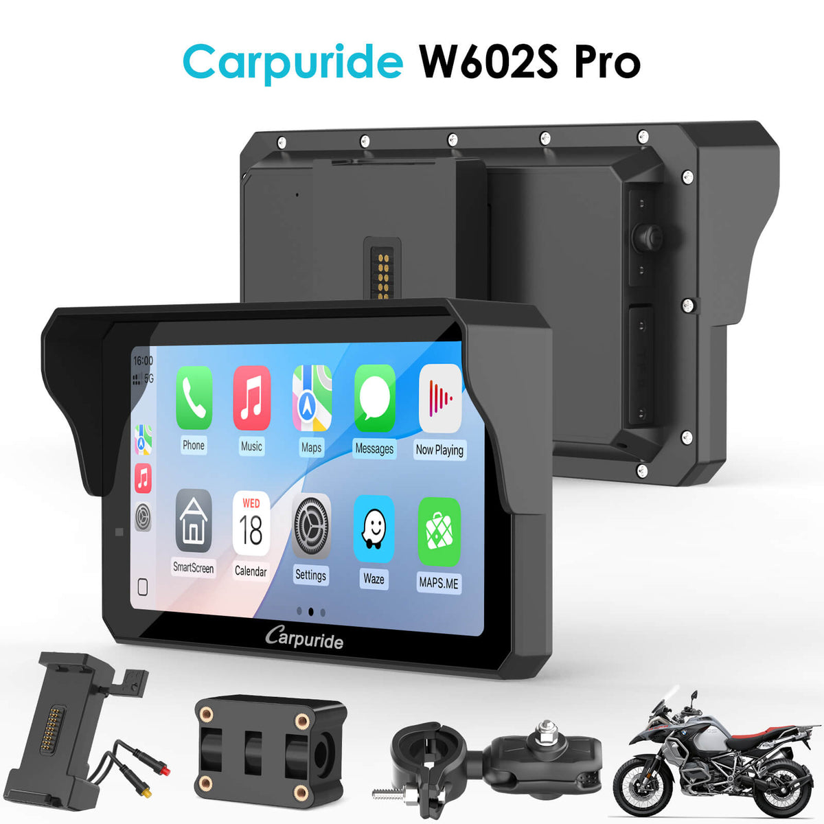 Carpuride W602S Pro with Optional TPMS | 6-Inch Motorcycle CarPlay  | Plug-and-Play BM05 Bracket with Type-C Port