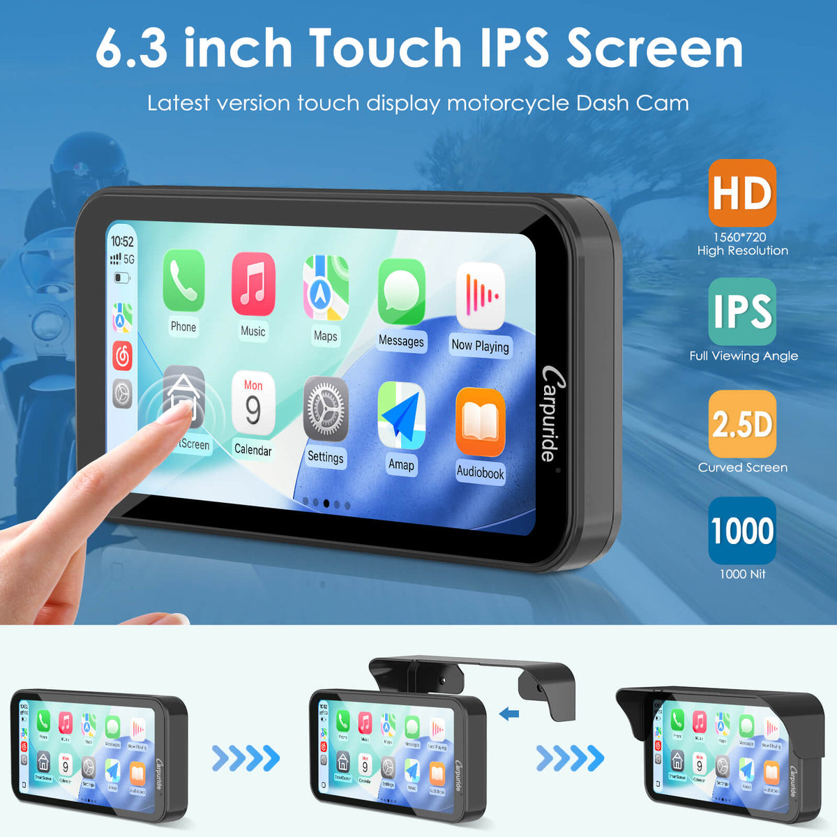 Carpuride W603DS with Optional TPMS | 6-Inch Motorcycle CarPlay | Plug-and-Play BM05 Bracket | Dual Cameras