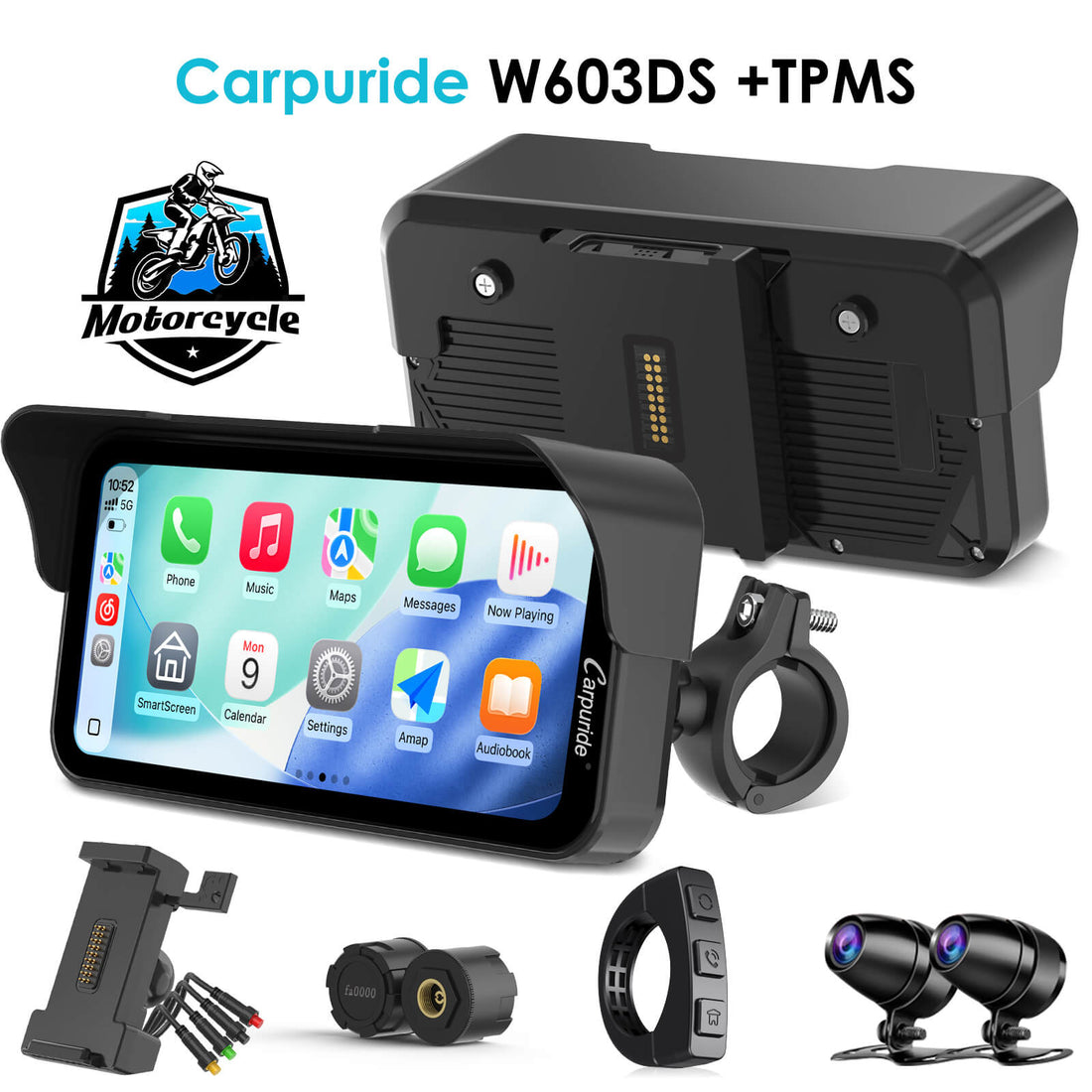 Carpuride W603DS with Optional TPMS | 6-Inch Motorcycle CarPlay | Plug-and-Play BM05 Bracket | Dual Cameras