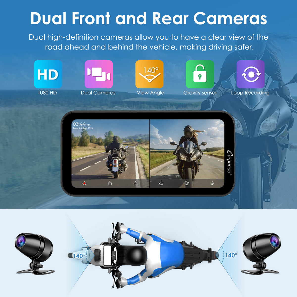 Carpuride W603DS with Optional TPMS | 6-Inch Motorcycle CarPlay | Plug-and-Play BM05 Bracket | Dual Cameras
