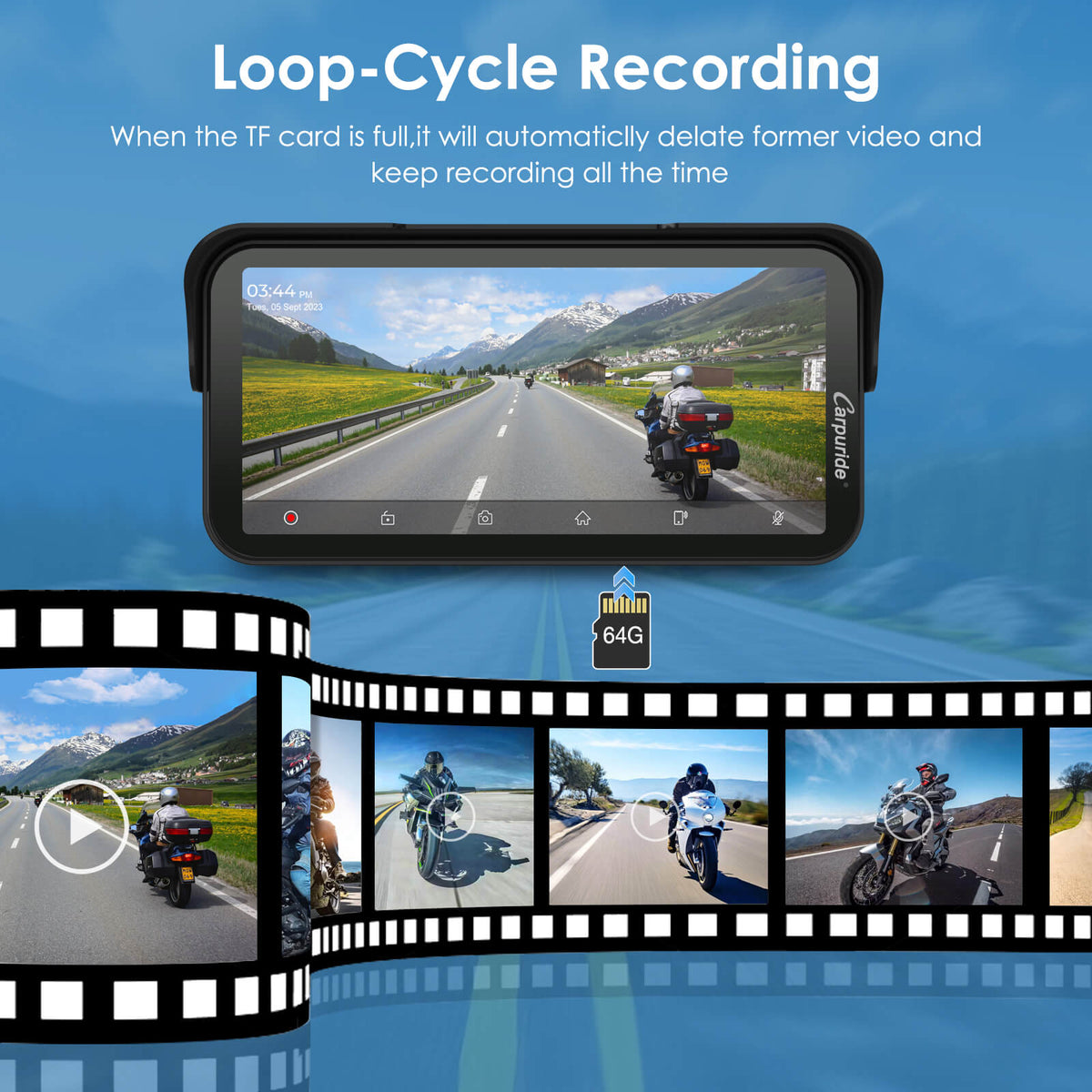 Carpuride W603DS with Optional TPMS | 6-Inch Motorcycle CarPlay | Plug-and-Play BM05 Bracket | Dual Cameras